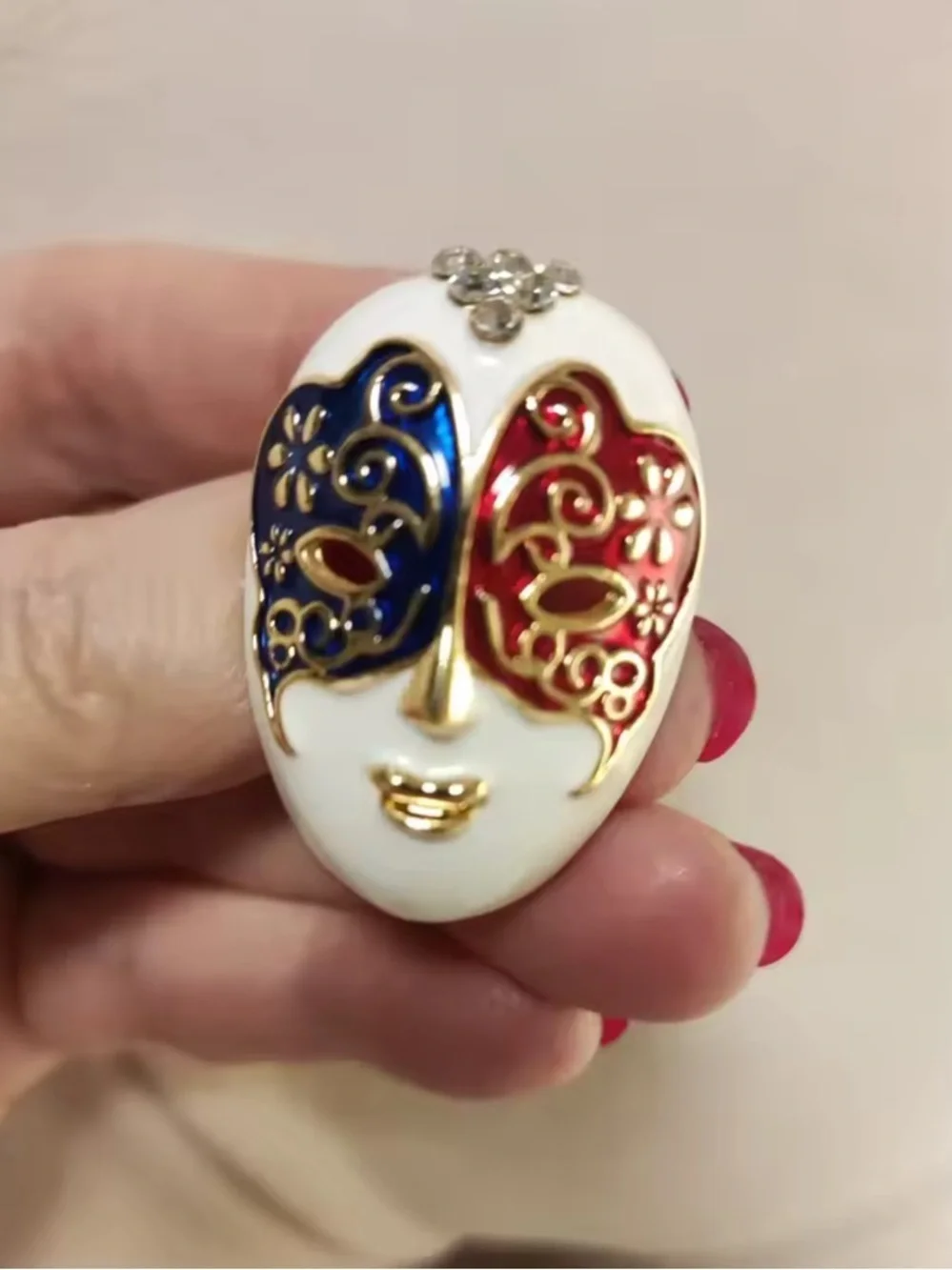 Luxury Venetian Mask Brooch – Red & Blue Enamel Statement Pin